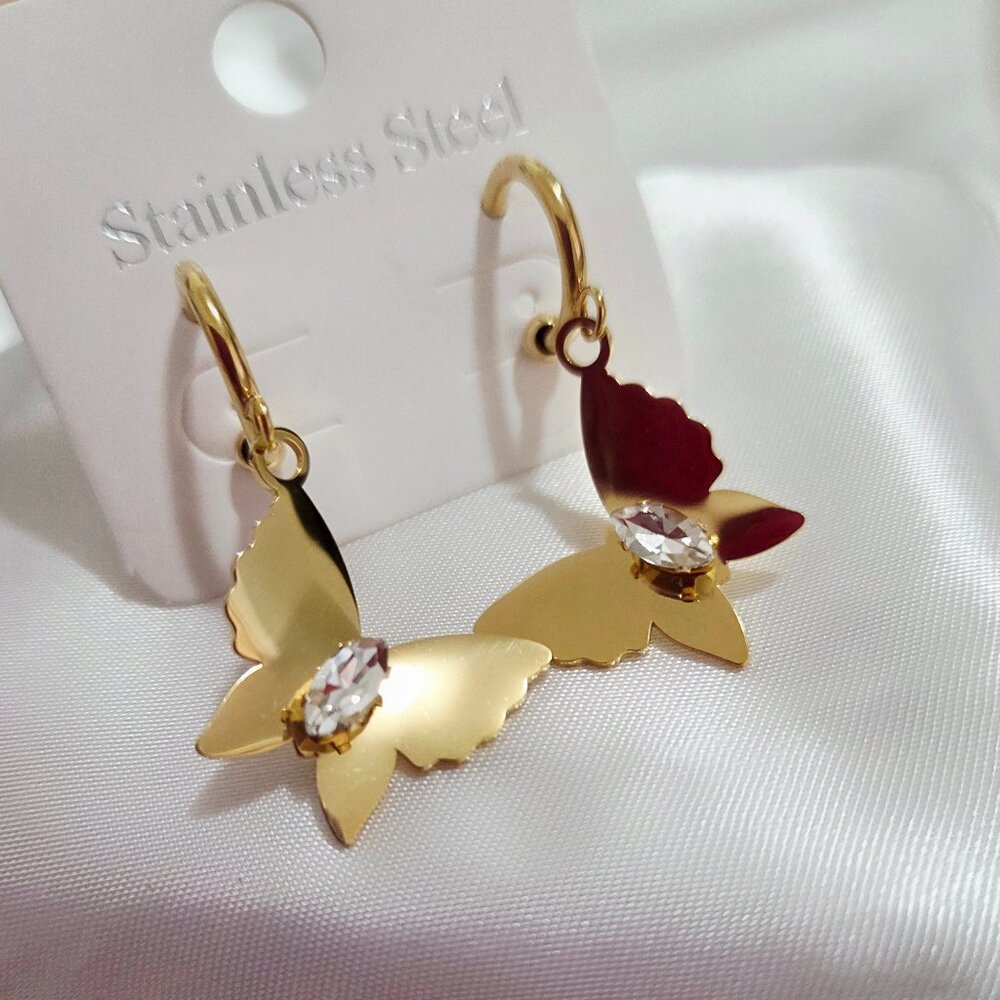 18K Gold Plated Rhinestone Butterfly Stainless Steel Versatile Fine Earrings